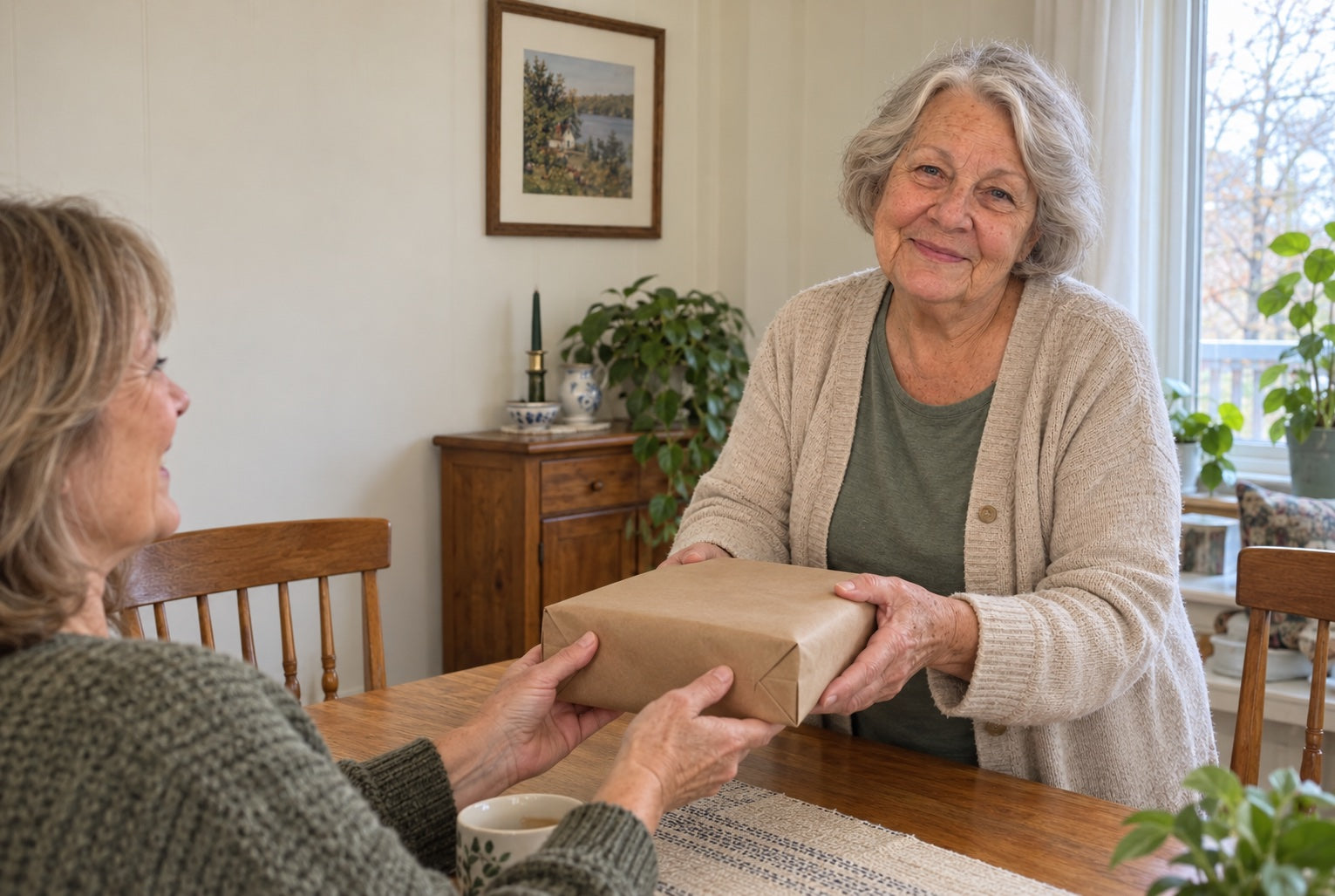 A parcel being handed over at the kitchen table