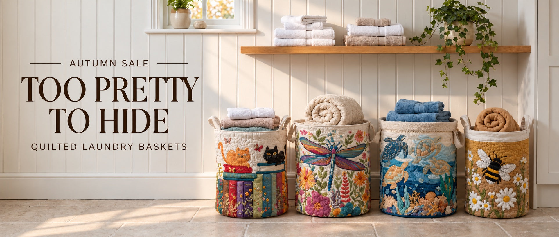 Quilted laundry baskets in a bright laundry room