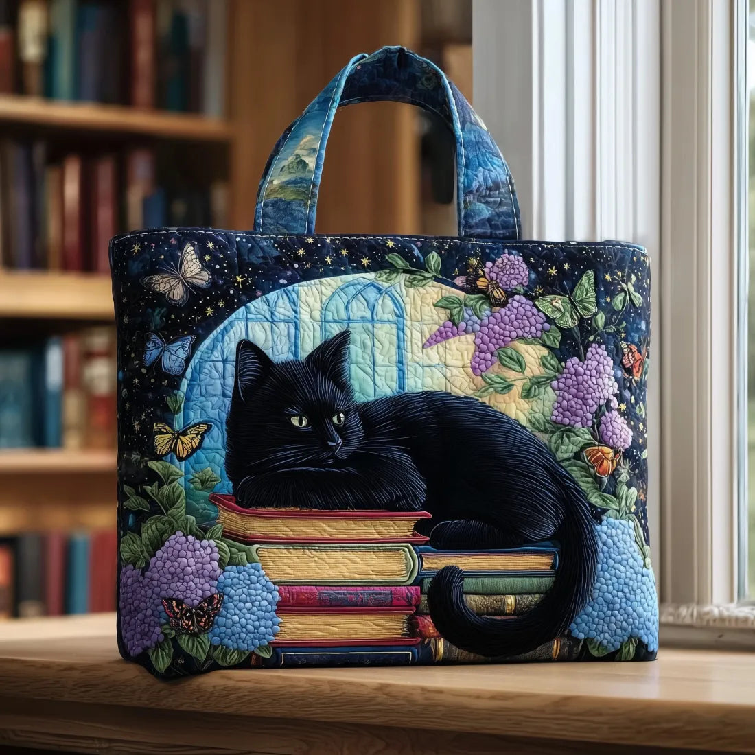Vera | Black Cat on Books Quilted Tote Bag