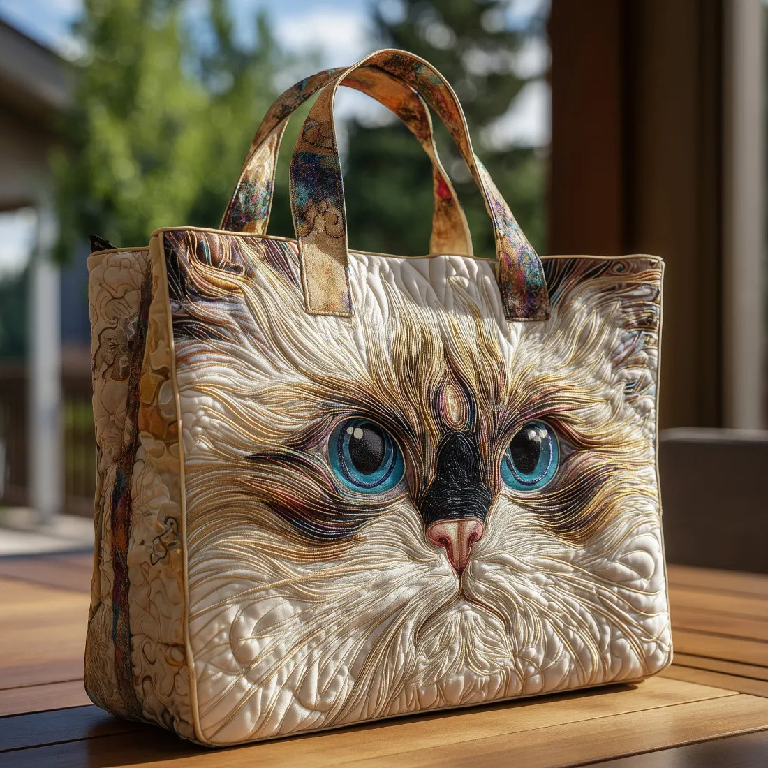 Ember | White Cat Blue Eyes Quilted Tote Bag