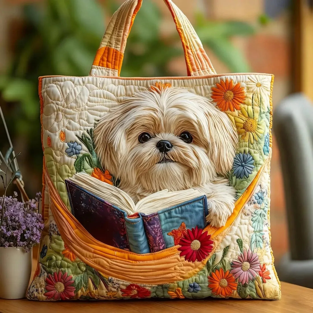 Juniper | Shih Tzu Books and Flowers Quilted Tote Bag