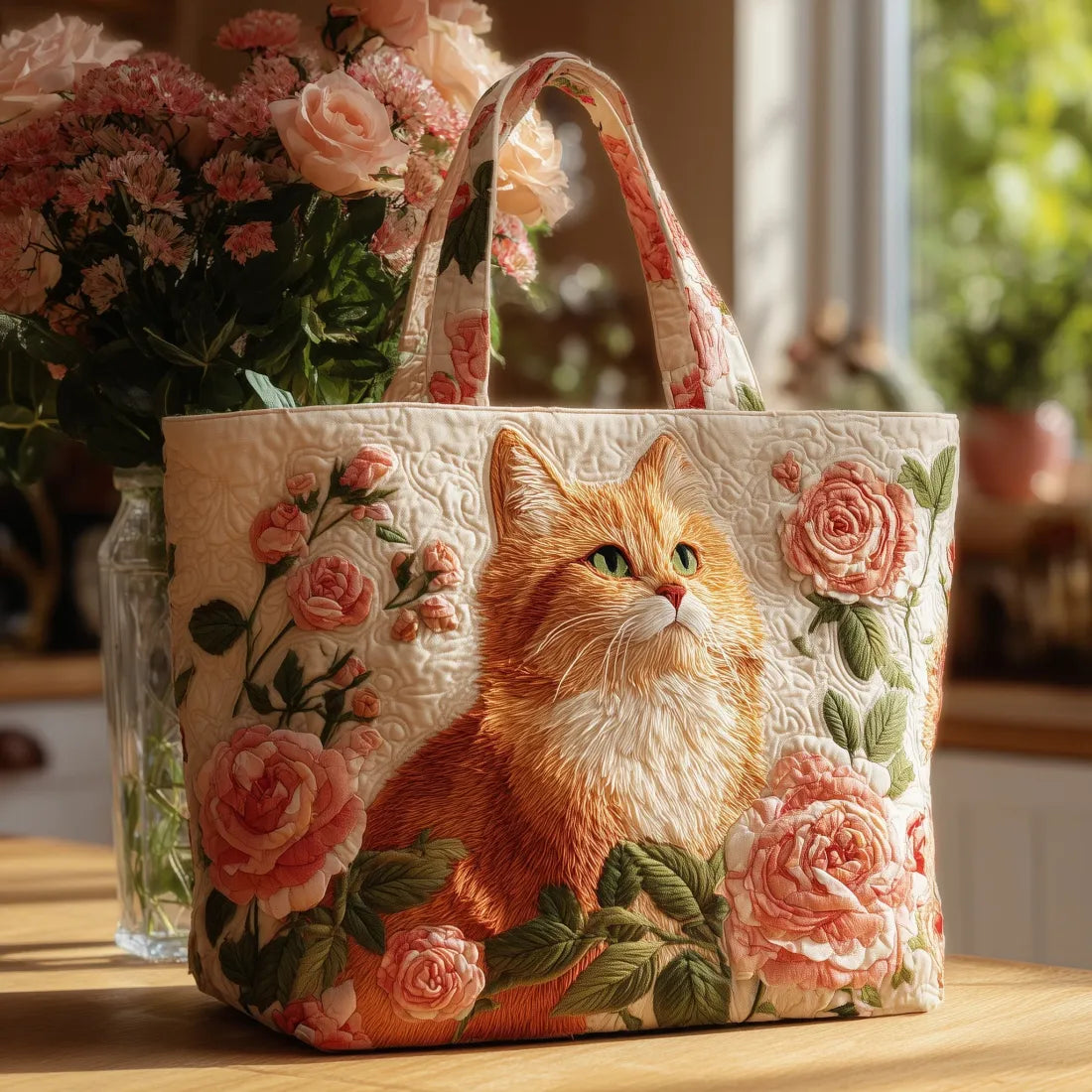 Mirabel | Red Cat Roses Quilted Tote Bag
