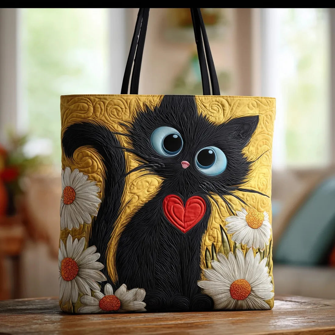 Lila | Black Cat Heart and Daisies Quilted Tote Bag