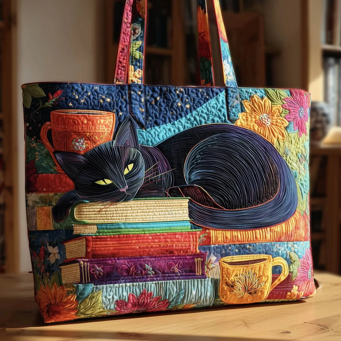 Winona | Black Cat Books and Cups Quilted Tote Bag