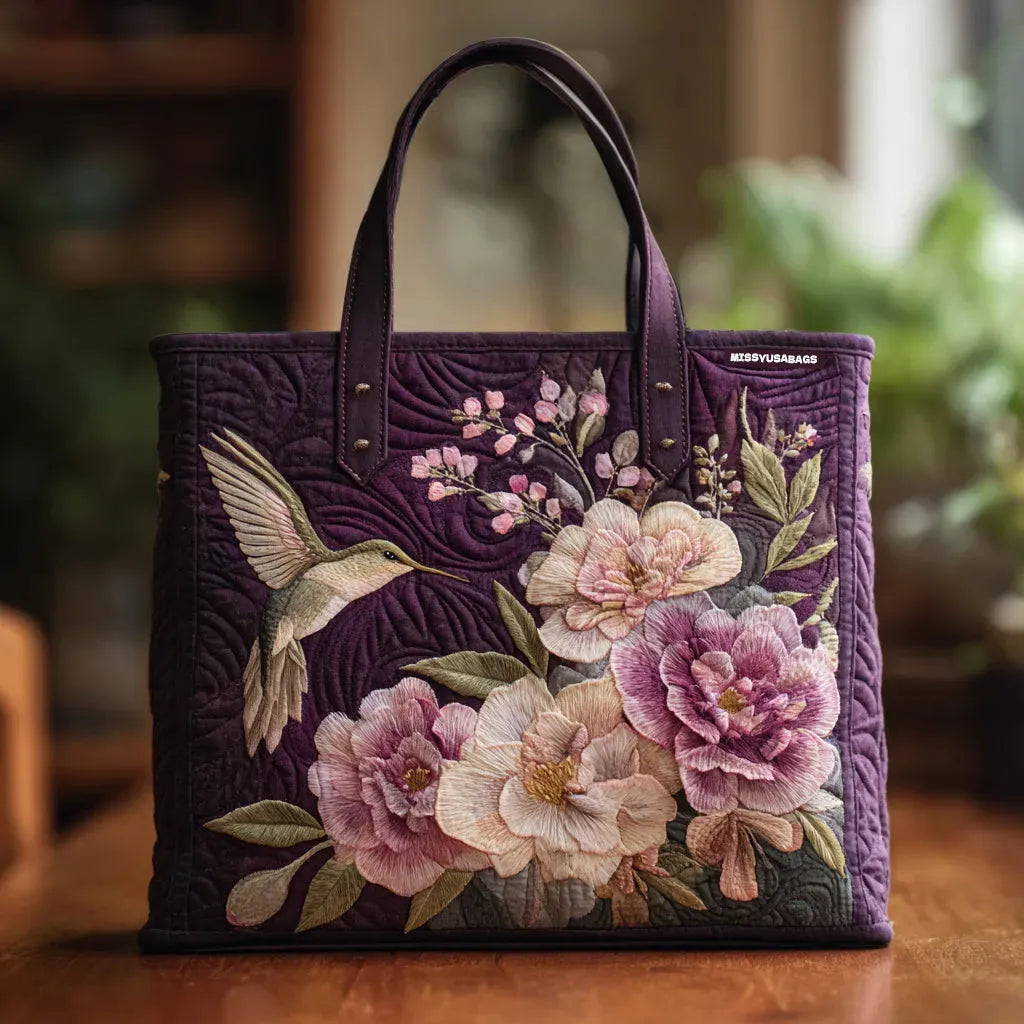 Frances | Purple Hummingbird and Orchids Quilted Tote Bag