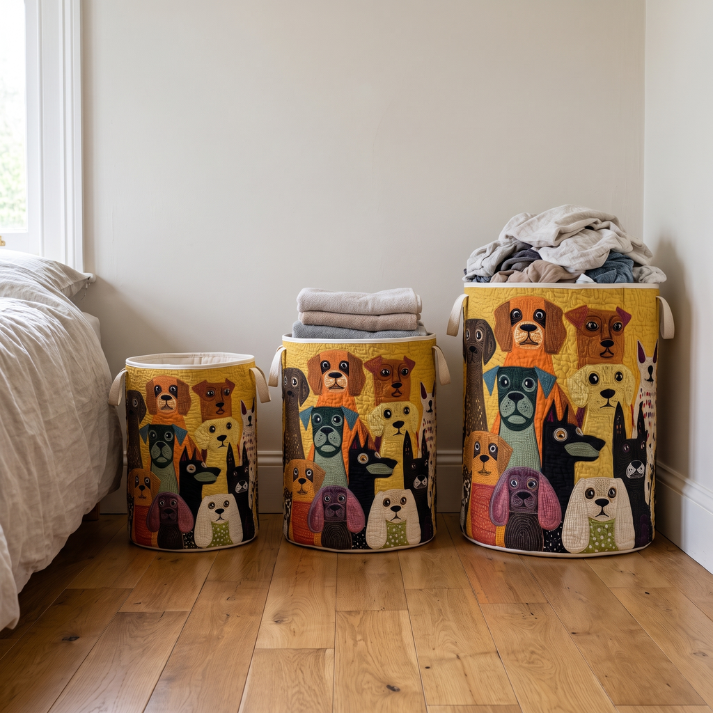Barkside Magic quilted laundry basket shown in all three sizes - small, medium and large - side by side in a bedroom