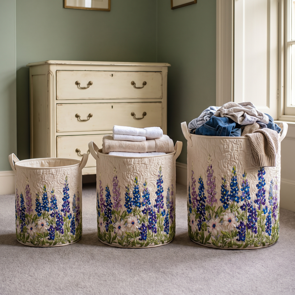 Wildflower State Magic quilted laundry basket shown in all three sizes - small, medium and large - side by side in a bedroom