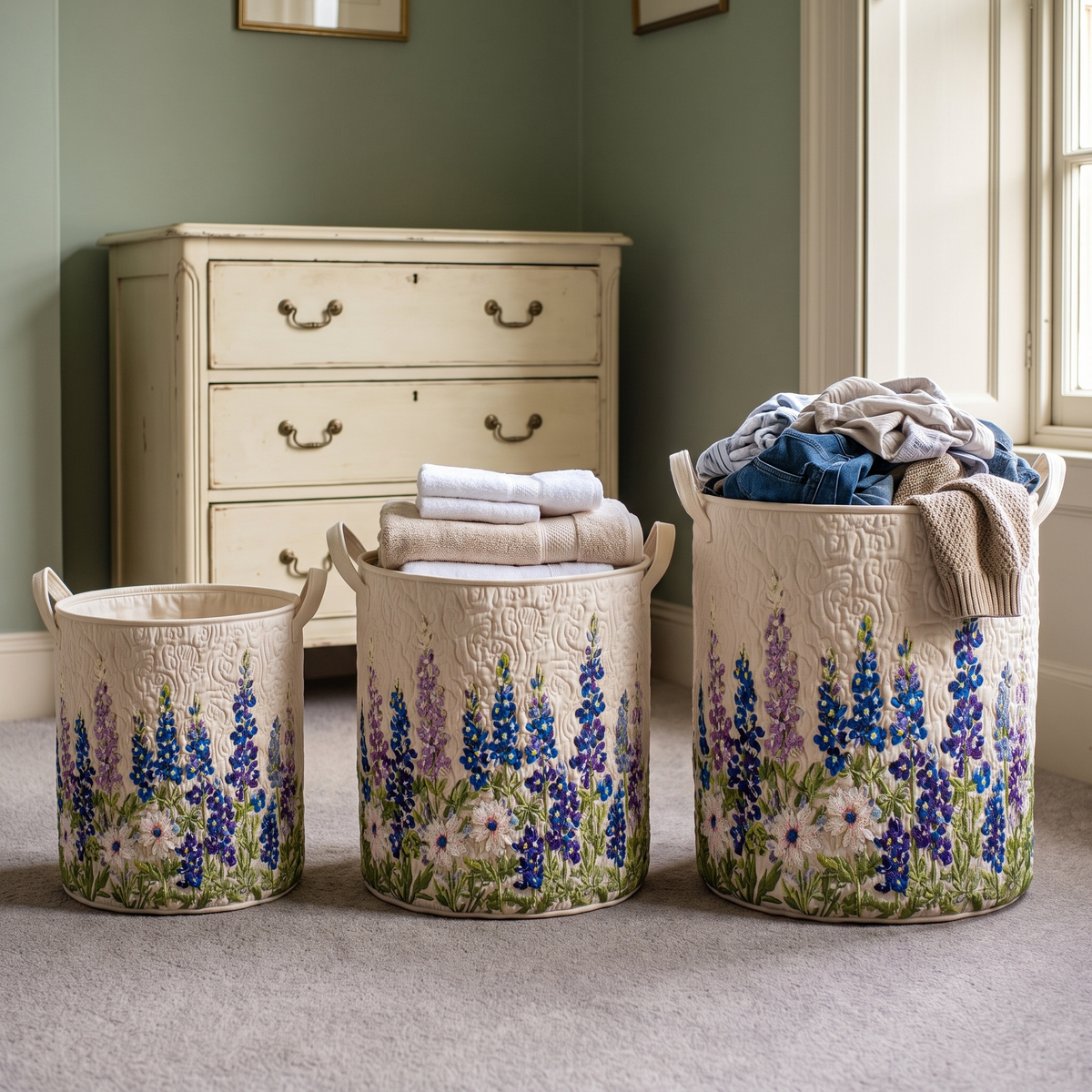 Wildflower State Magic quilted laundry basket shown in all three sizes - small, medium and large - side by side in a bedroom