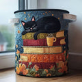 Bramble sleepy cat on books quilted laundry basket
