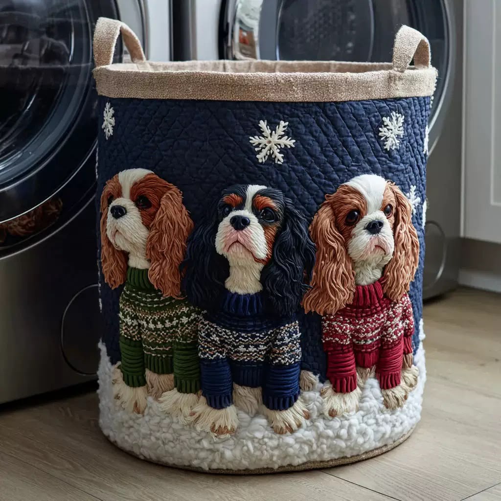 Winnie cavalier spaniels in winter jumpers quilted laundry basket